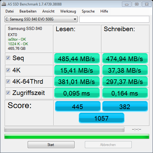 Werte der 840 Samsung EVO im AS SSD Benchmark